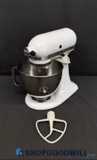 Original auction photo of a white KitchenAid K45SSWH stand mixer with its bowl